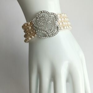 Crystal Rose Cream Pearl Cuff Bracelet 7 to 7.5 Inch